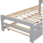 Cadre de lit plateforme double moderne avec lit gigogne, lit superposé double sur lit double, balustrade et échelle, lattes en bois, sans sommier, gris
