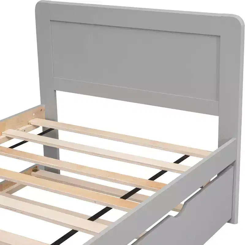 Cadre de lit plateforme double moderne avec lit gigogne, lit superposé double sur lit double, balustrade et échelle, lattes en bois, sans sommier, gris