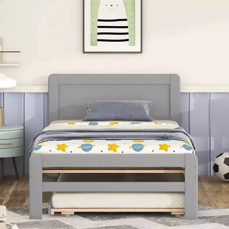 Cadre de lit plateforme double moderne avec lit gigogne, lit superposé double sur lit double, balustrade et échelle, lattes en bois, sans sommier, gris