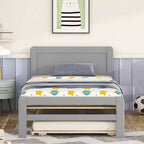 Cadre de lit plateforme double moderne avec lit gigogne, lit superposé double sur lit double, balustrade et échelle, lattes en bois, sans sommier, gris