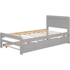 Cadre de lit plateforme double moderne avec lit gigogne, lit superposé double sur lit double, balustrade et échelle, lattes en bois, sans sommier, gris
