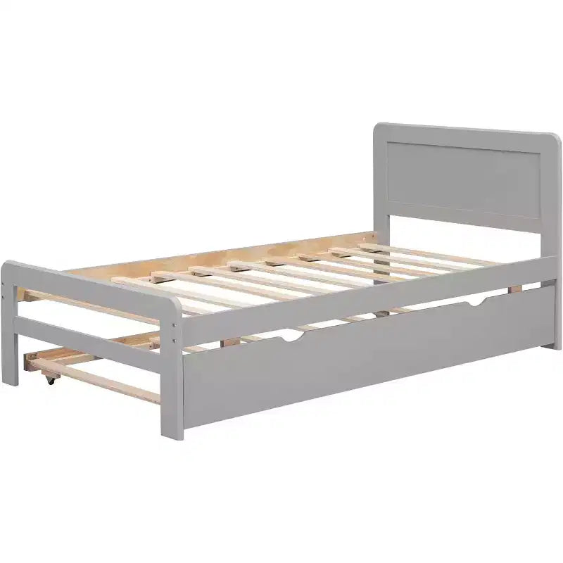 Cadre de lit plateforme double moderne avec lit gigogne, lit superposé double sur lit double, balustrade et échelle, lattes en bois, sans sommier, gris