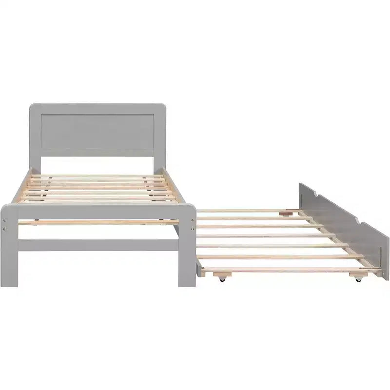 Cadre de lit plateforme double moderne avec lit gigogne, lit superposé double sur lit double, balustrade et échelle, lattes en bois, sans sommier, gris
