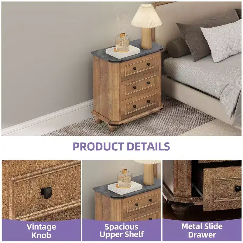 Table de chevet à 3 tiroirs Petite commode pour chambre Marron rustique