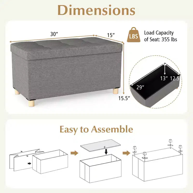 Banc de rangement ottoman de 76 cm avec plateau et pieds en bois d'hévéa pour petite entrée, gris/beige