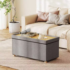 Banc de rangement ottoman de 76 cm avec plateau et pieds en bois d'hévéa pour petite entrée, gris/beige