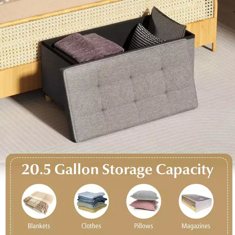 Banc de rangement ottoman de 76 cm avec plateau et pieds en bois d'hévéa pour petite entrée, gris/beige