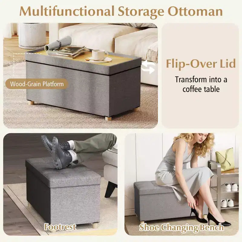 Banc de rangement ottoman de 76 cm avec plateau et pieds en bois d'hévéa pour petite entrée, gris/beige