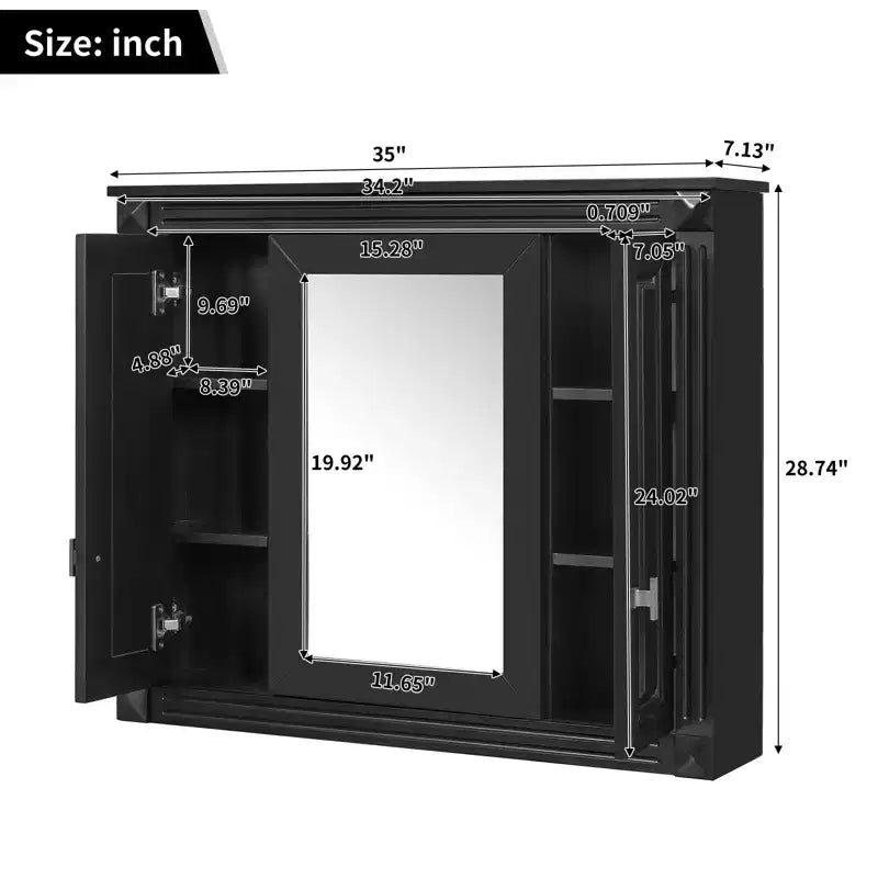 Armoire à pharmacie rectangulaire en MDF, 35 po larg. x 28 po haut., avec miroir, charnières à fermeture douce, 8 étagères, noire