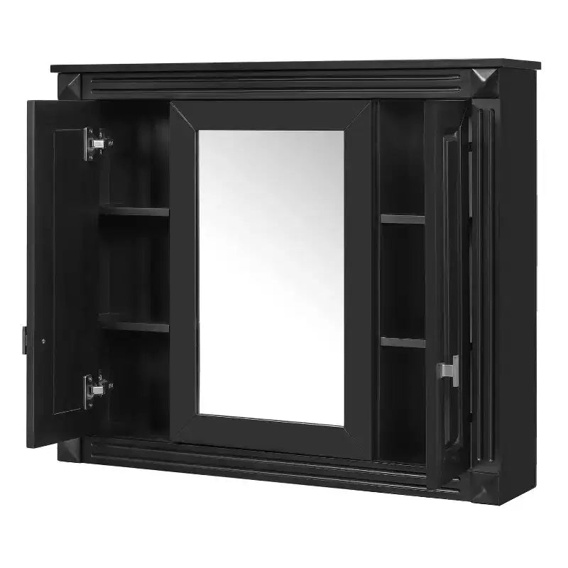 Armoire à pharmacie rectangulaire en MDF, 35 po larg. x 28 po haut., avec miroir, charnières à fermeture douce, 8 étagères, noire