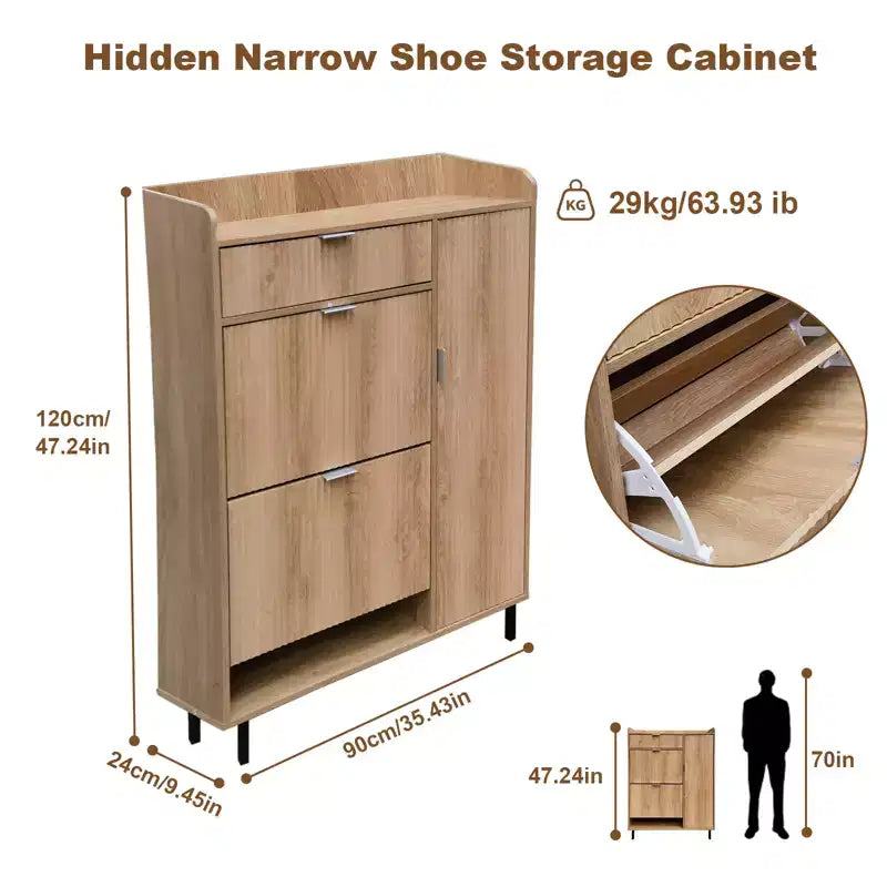 Meuble à chaussures cannelé avec 2 tiroirs basculants, 1 tiroir, 1 placard latéral, étagères réglables pour entrée et salon