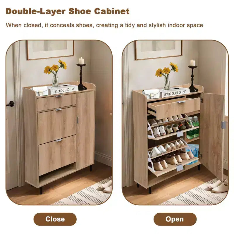 Meuble à chaussures cannelé avec 2 tiroirs basculants, 1 tiroir, 1 placard latéral, étagères réglables pour entrée et salon