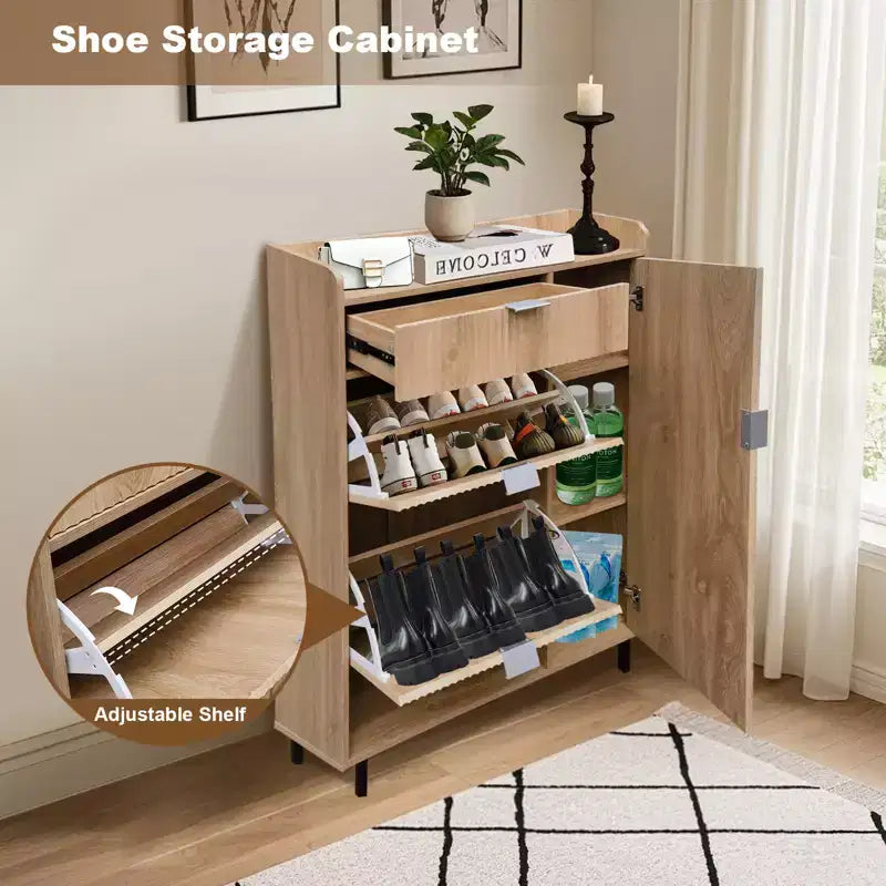 Meuble à chaussures cannelé avec 2 tiroirs basculants, 1 tiroir, 1 placard latéral, étagères réglables pour entrée et salon