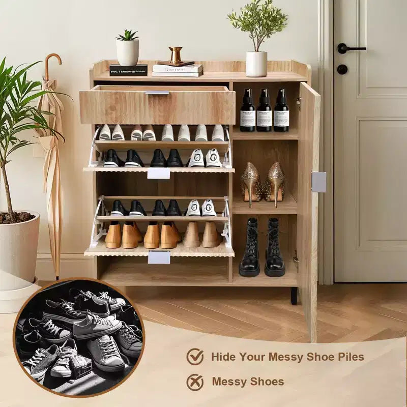 Meuble à chaussures cannelé avec 2 tiroirs basculants, 1 tiroir, 1 placard latéral, étagères réglables pour entrée et salon