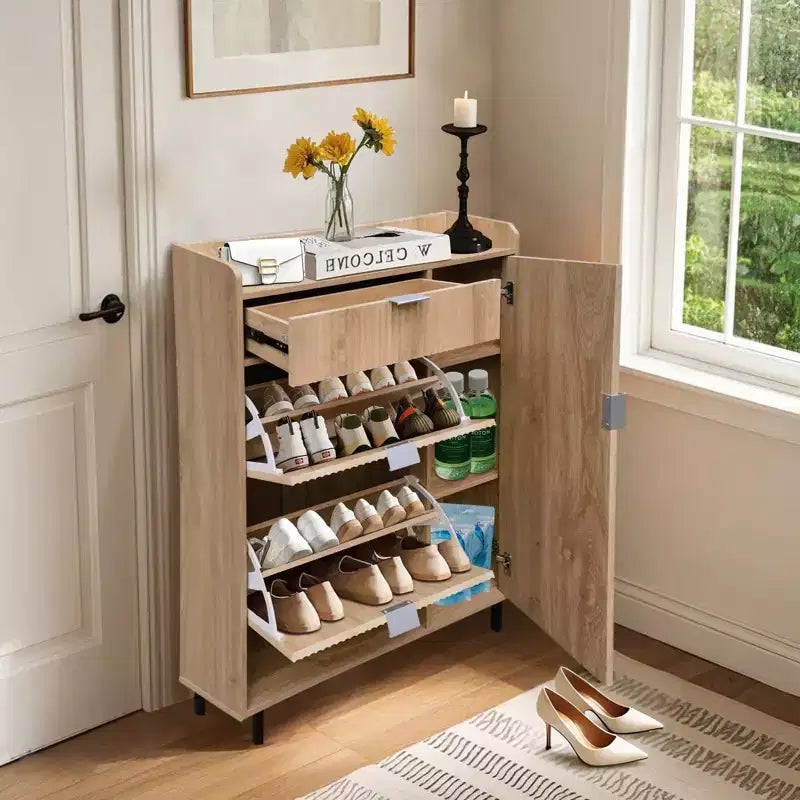 Meuble à chaussures cannelé avec 2 tiroirs basculants, 1 tiroir, 1 placard latéral, étagères réglables pour entrée et salon