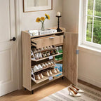 Meuble à chaussures cannelé avec 2 tiroirs basculants, 1 tiroir, 1 placard latéral, étagères réglables pour entrée et salon