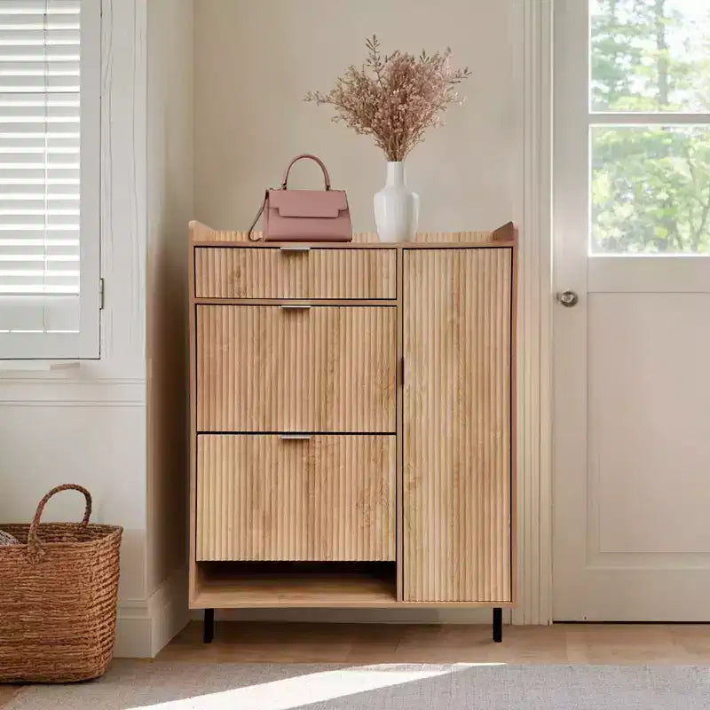 Meuble à chaussures cannelé avec 2 tiroirs basculants, 1 tiroir, 1 placard latéral, étagères réglables pour entrée et salon
