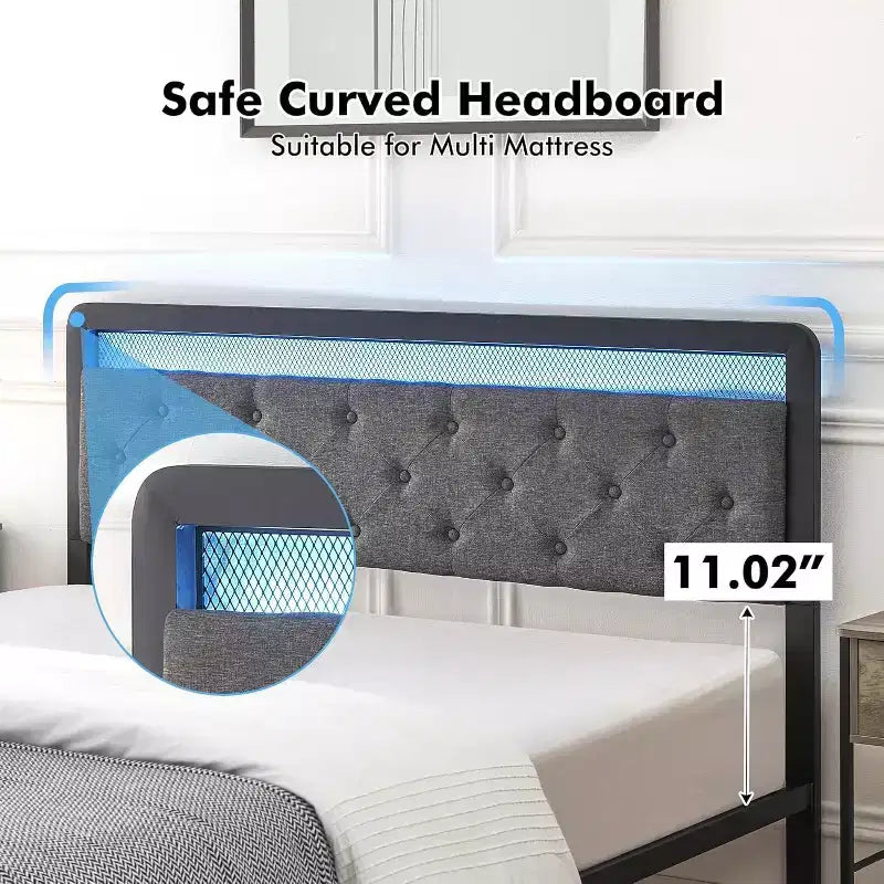 Lit double avec rangement et tête de lit, plateforme de lit rembourrée capitonnée, gris