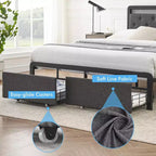 Lit double avec rangement et tête de lit, plateforme de lit rembourrée capitonnée, gris