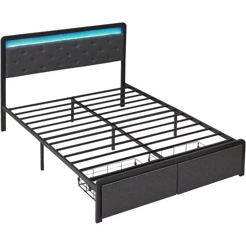 Lit double avec rangement et tête de lit, plateforme de lit rembourrée capitonnée, gris