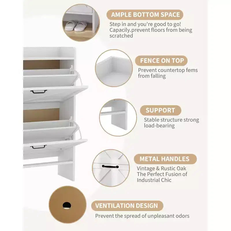 Meuble à chaussures avec 2 tiroirs basculants, étagère à chaussures dissimulée autoportante, poignées en métal, design fin pour couloir, salon
