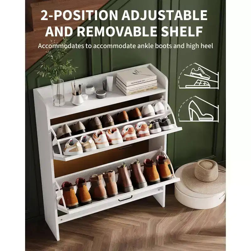 Meuble à chaussures avec 2 tiroirs basculants, étagère à chaussures dissimulée autoportante, poignées en métal, design fin pour couloir, salon