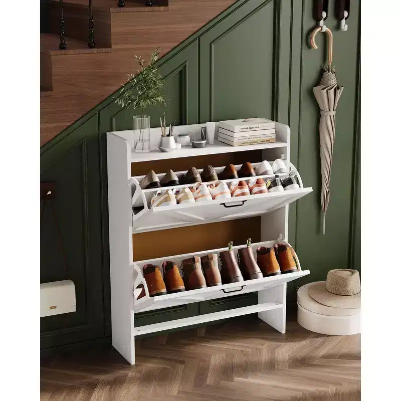 Meuble à chaussures avec 2 tiroirs basculants, étagère à chaussures dissimulée autoportante, poignées en métal, design fin pour couloir, salon