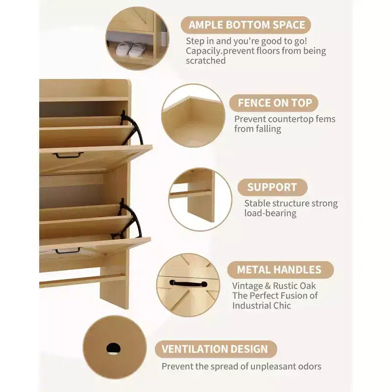 Meuble à chaussures avec 2 tiroirs basculants, étagère à chaussures dissimulée autoportante, poignées en métal, design fin pour couloir, salon