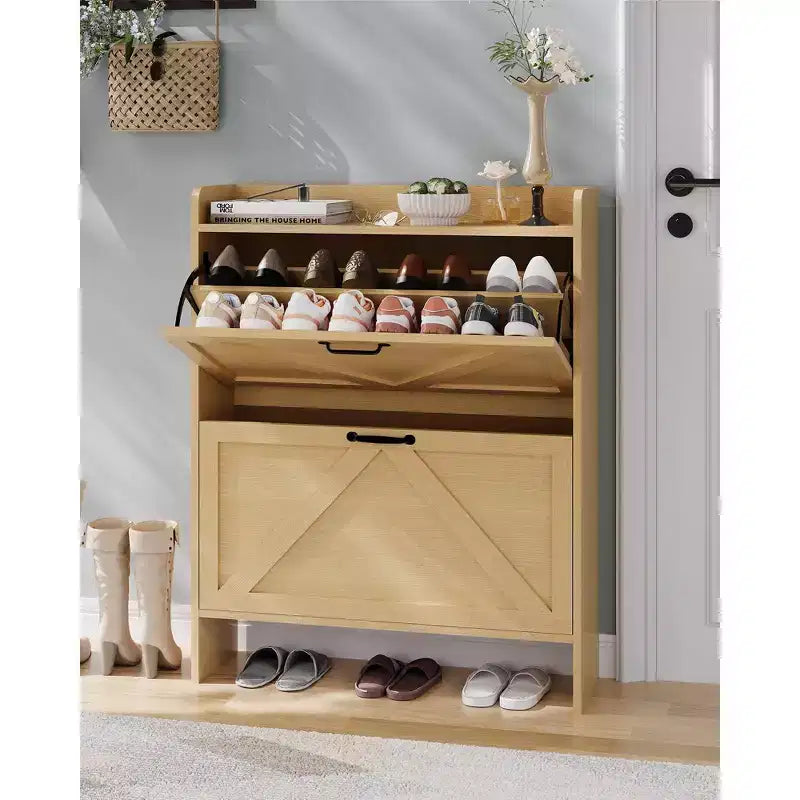 Meuble à chaussures avec 2 tiroirs basculants, étagère à chaussures dissimulée autoportante, poignées en métal, design fin pour couloir, salon