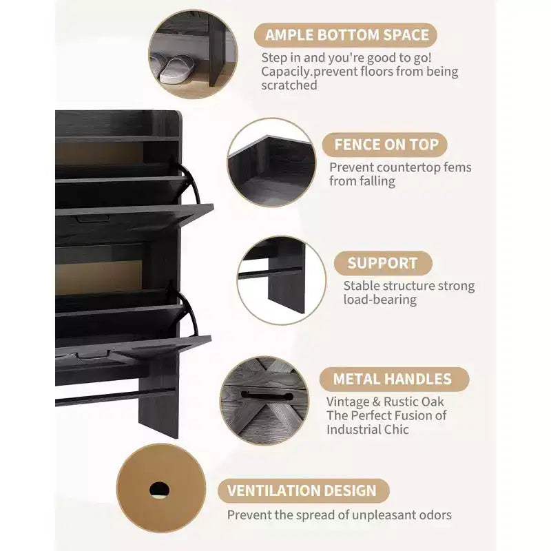 Meuble à chaussures avec 2 tiroirs basculants, étagère à chaussures dissimulée autoportante, poignées en métal, design fin pour couloir, salon