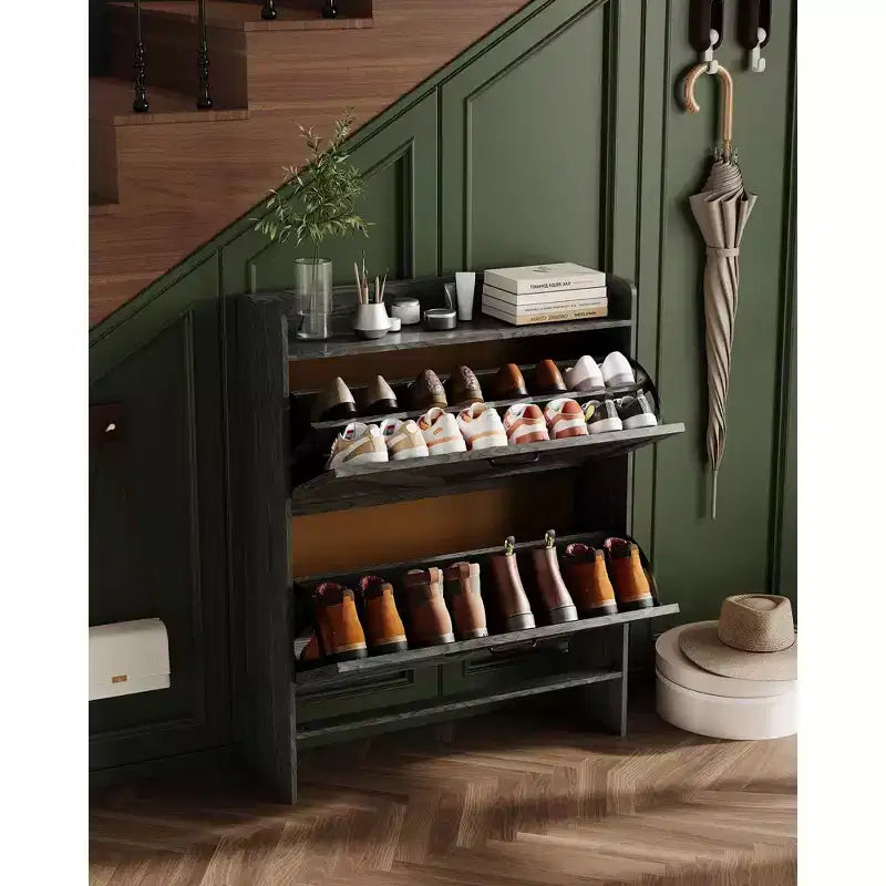 Meuble à chaussures avec 2 tiroirs basculants, étagère à chaussures dissimulée autoportante, poignées en métal, design fin pour couloir, salon