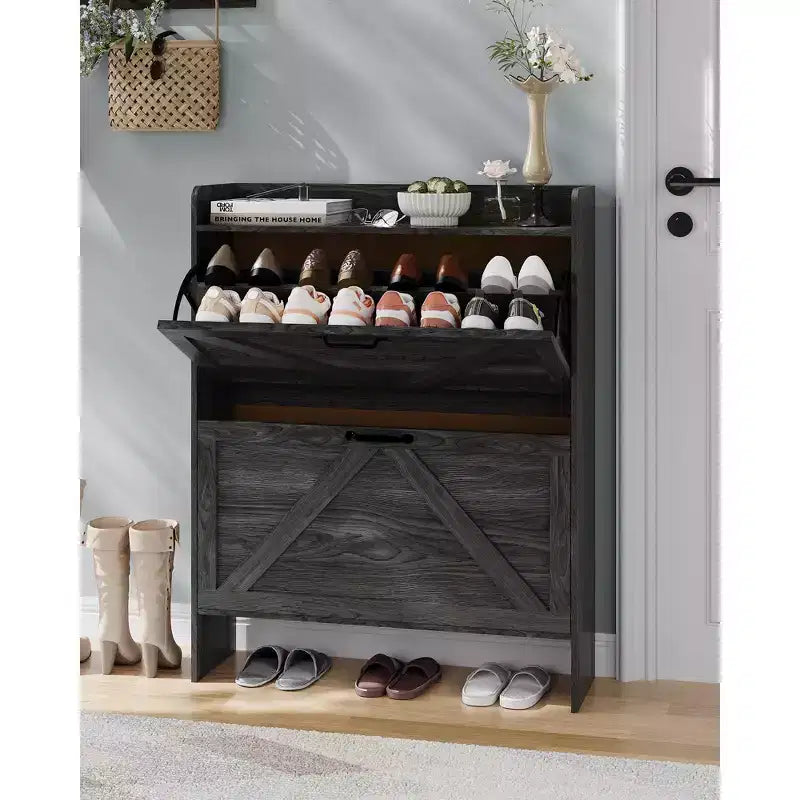 Meuble à chaussures avec 2 tiroirs basculants, étagère à chaussures dissimulée autoportante, poignées en métal, design fin pour couloir, salon