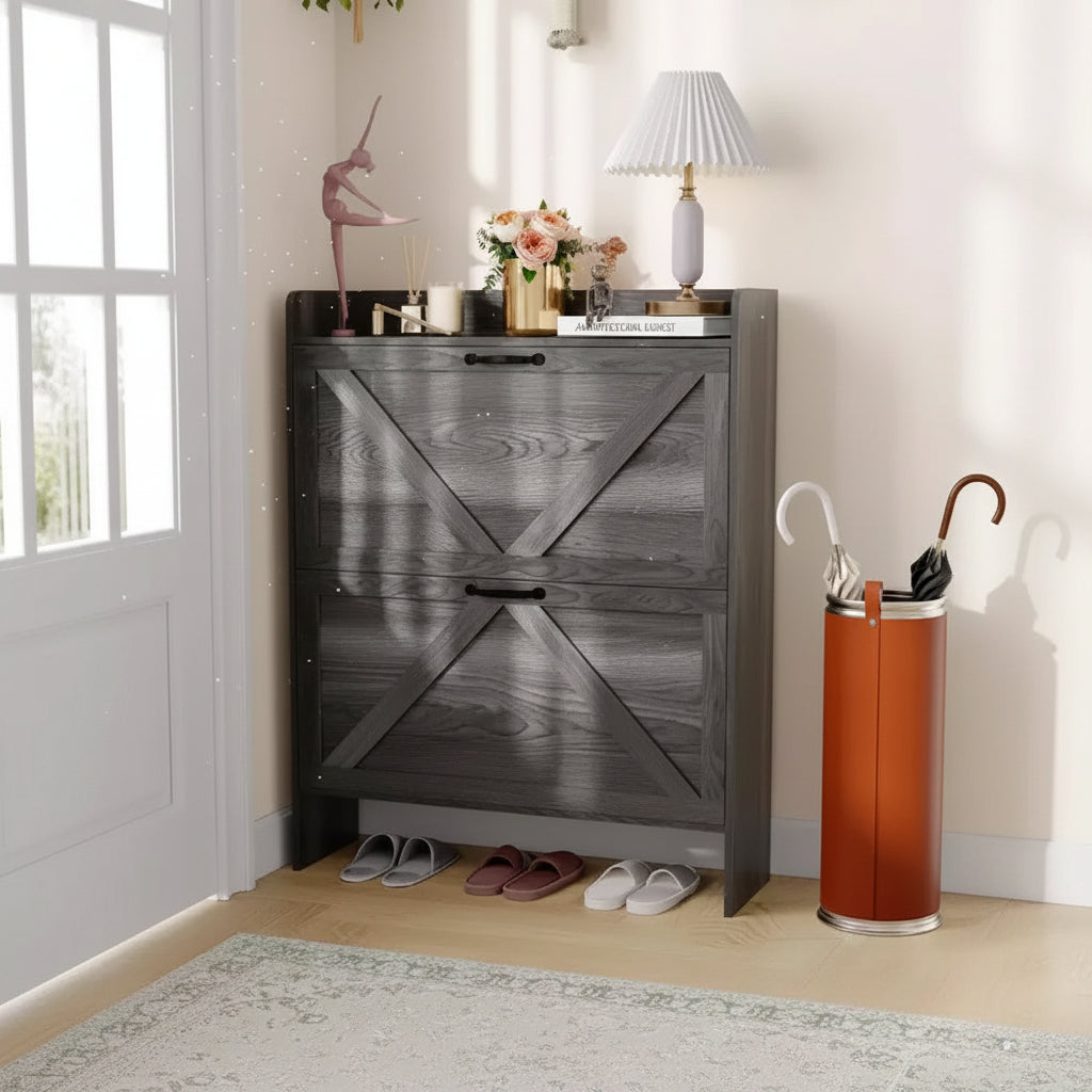 Shoe Cabinet with 2 Flip-Top Drawers, Freestanding Concealed Shoe Rack, Metal Handles, Slim Design for Hallway, Living Room