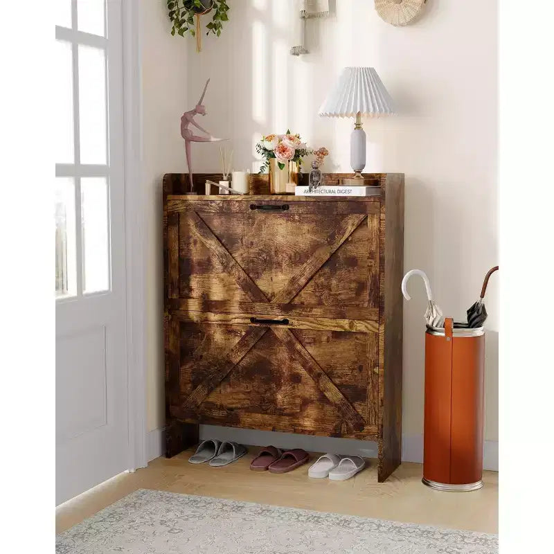 Meuble à chaussures avec 2 tiroirs basculants, étagère à chaussures dissimulée autoportante, poignées en métal, design fin pour couloir, salon