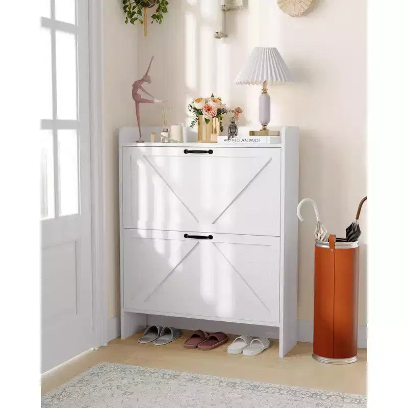 Meuble à chaussures avec 2 tiroirs basculants, étagère à chaussures dissimulée autoportante, poignées en métal, design fin pour couloir, salon