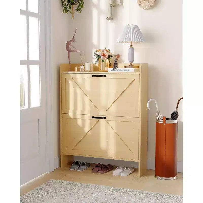 Meuble à chaussures avec 2 tiroirs basculants, étagère à chaussures dissimulée autoportante, poignées en métal, design fin pour couloir, salon