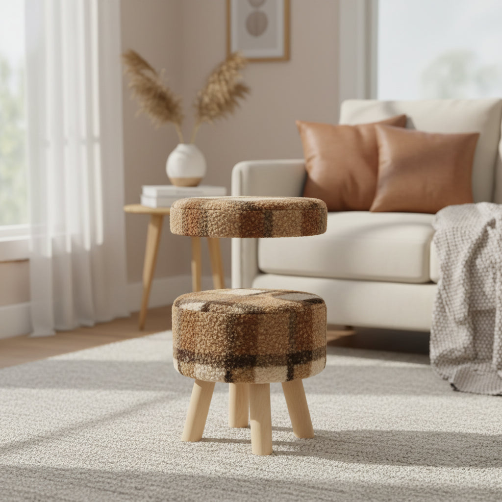 Storied Home Plaid Upholstered Stool with Pine Wood Feet, Multicolor Plaid