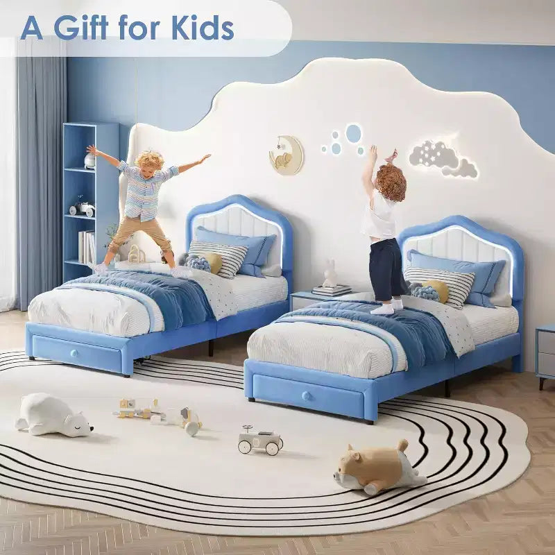 Cadre de lit double rembourré avec tiroir de rangement pour enfants, filles, garçons, aucun sommier tapissier requis