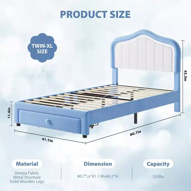 Cadre de lit double rembourré avec tiroir de rangement pour enfants, filles, garçons, aucun sommier tapissier requis