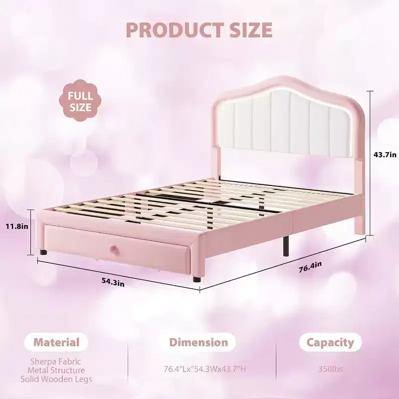 Cadre de lit double rembourré avec tiroir de rangement pour enfants, filles, garçons, aucun sommier tapissier requis