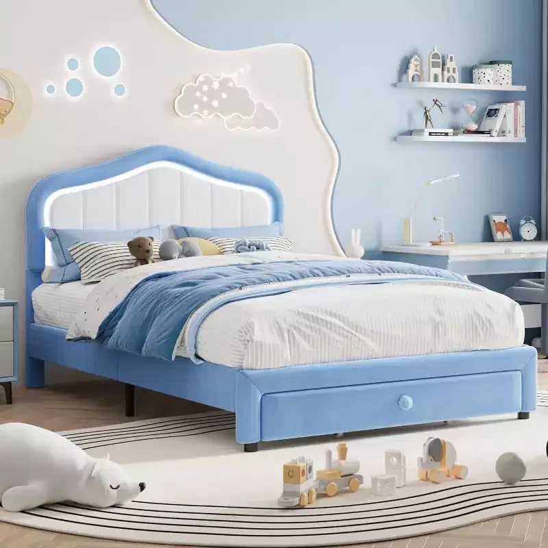 Cadre de lit double rembourré avec tiroir de rangement pour enfants, filles, garçons, aucun sommier tapissier requis