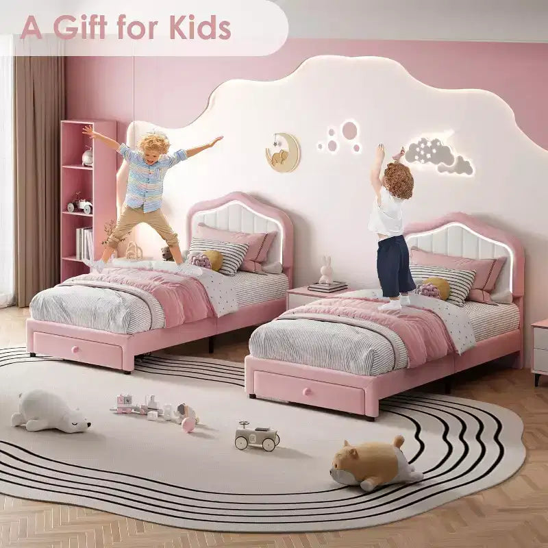 Cadre de lit double rembourré avec tiroir de rangement pour enfants, filles, garçons, aucun sommier tapissier requis