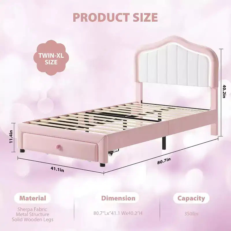 Cadre de lit double rembourré avec tiroir de rangement pour enfants, filles, garçons, aucun sommier tapissier requis