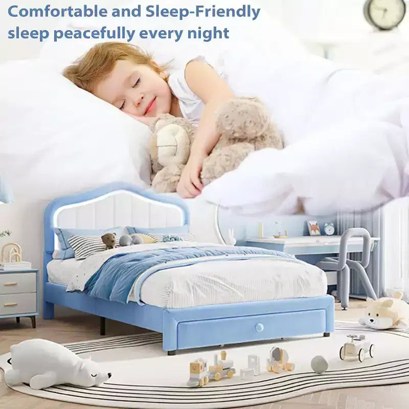 Cadre de lit double rembourré avec tiroir de rangement pour enfants, filles, garçons, aucun sommier tapissier requis