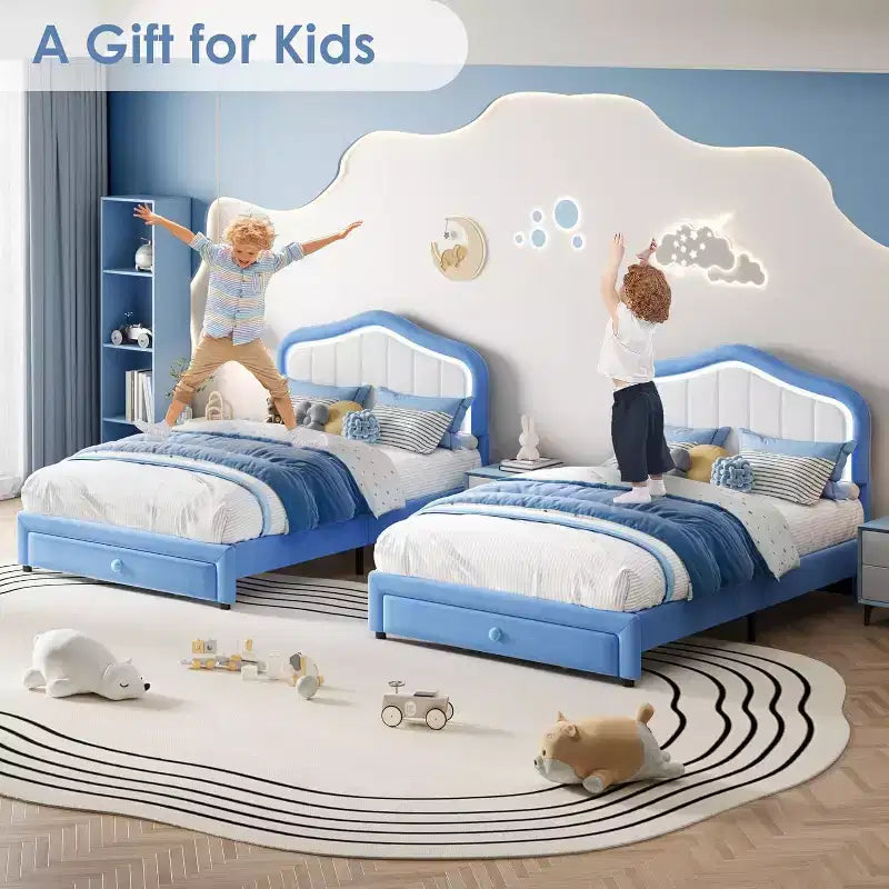 Cadre de lit double rembourré avec tiroir de rangement pour enfants, filles, garçons, aucun sommier tapissier requis