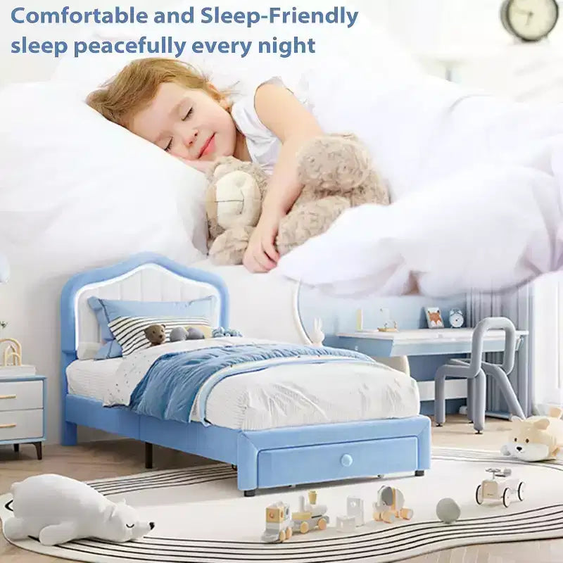 Cadre de lit double rembourré avec tiroir de rangement pour enfants, filles, garçons, aucun sommier tapissier requis