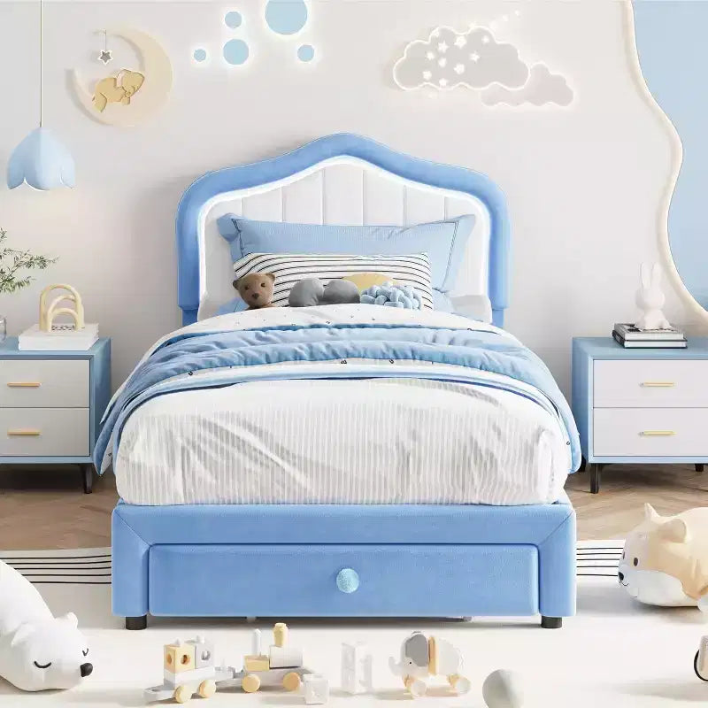 Cadre de lit double rembourré avec tiroir de rangement pour enfants, filles, garçons, aucun sommier tapissier requis