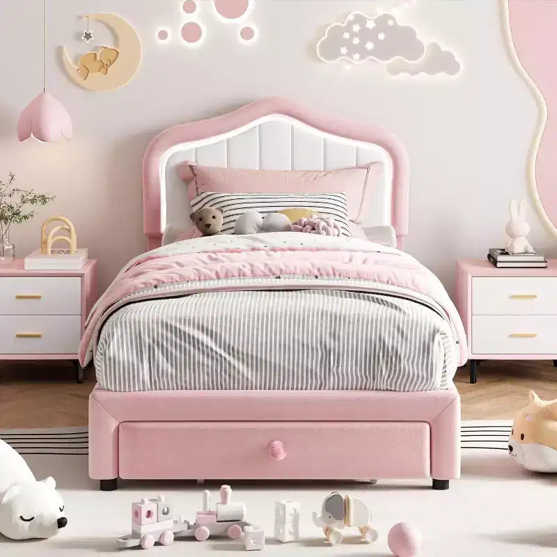 Cadre de lit double rembourré avec tiroir de rangement pour enfants, filles, garçons, aucun sommier tapissier requis