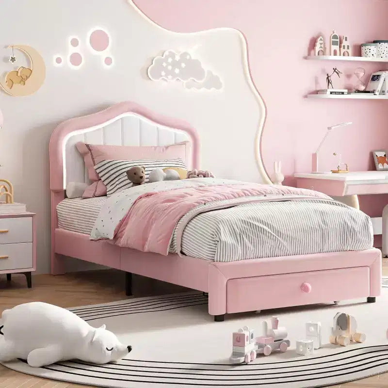 Cadre de lit double rembourré avec tiroir de rangement pour enfants, filles, garçons, aucun sommier tapissier requis