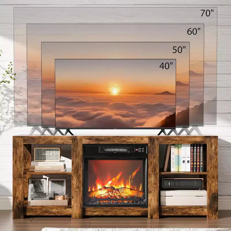 Meuble TV avec cheminée pour téléviseurs jusqu'à 70 pouces, meuble de divertissement style ferme avec chauffage électrique et étagères réglables